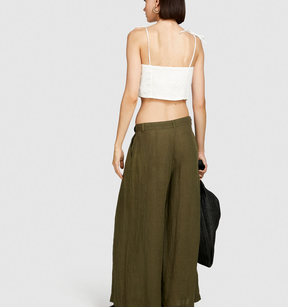 Wide leg 100% linen trousers - women's palazzo trousers - Military Green | Sisley image number 3